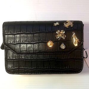 Kate Landry Black Croc Embossed Cross Body Clutch Purse Gold tone Charms NEW NWT